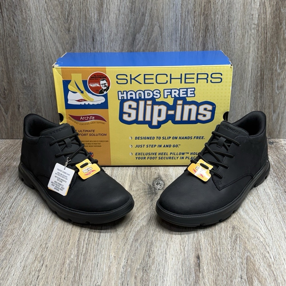 SKECHERS Slip-ins Ankle Boots Mens 12 Black Leather Arch Relaxed Fit w/Box